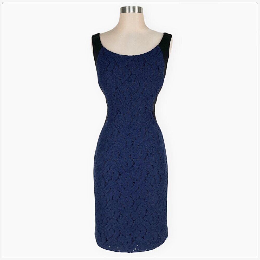 T Tahari Black Stretch Ponte Knit with Navy Blue Lace Front Panel Dress Size 10